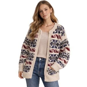 Wool Nordic Cardigan Womens L Cream Navy Fair Isle Vintage Winter Cozy